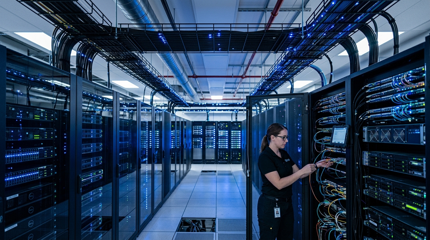 Technician installing fiber optic cable in high density enterprise data center